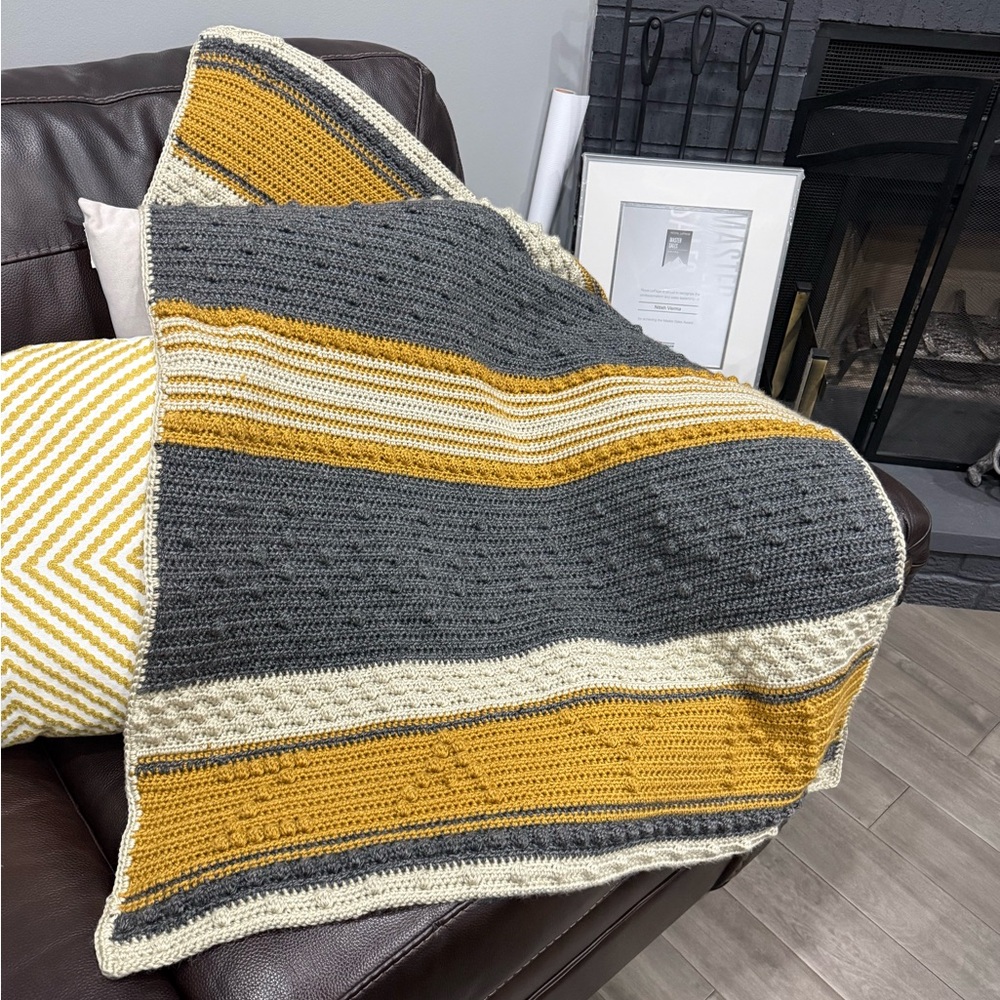 Striped Knit Throw Blanket - Gray, Mustard, Cream